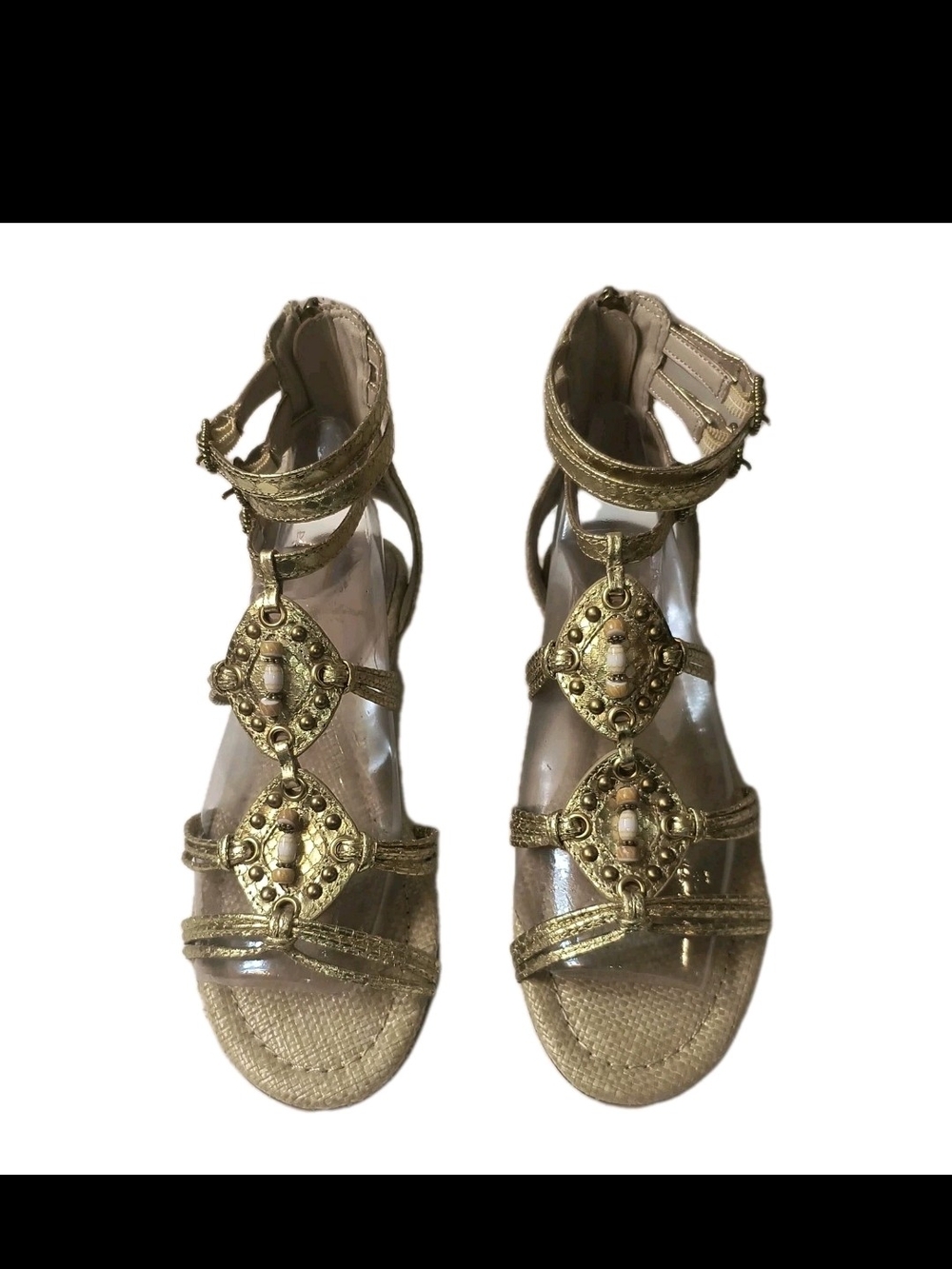 NEW Sam Edelman Gold Gladiator Wedge Sandals Sz 7 Beaded Metallic Raffia Boho